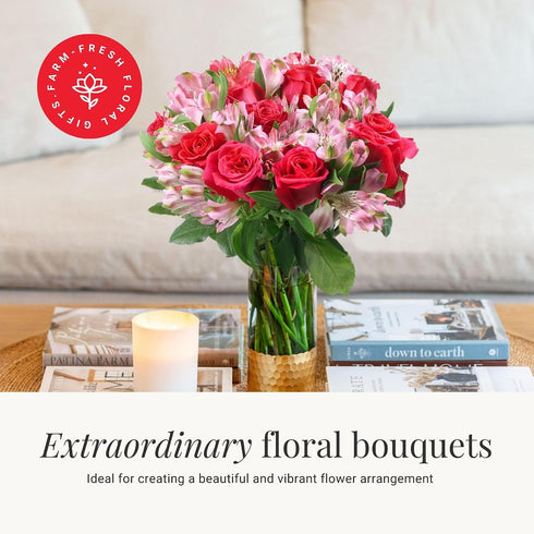 BloomsyBox Forever Blooming Bouquet Fresh Hot pink Roses & Light pink Alstroemeria (Glass Vase Included) Fresh Flowers