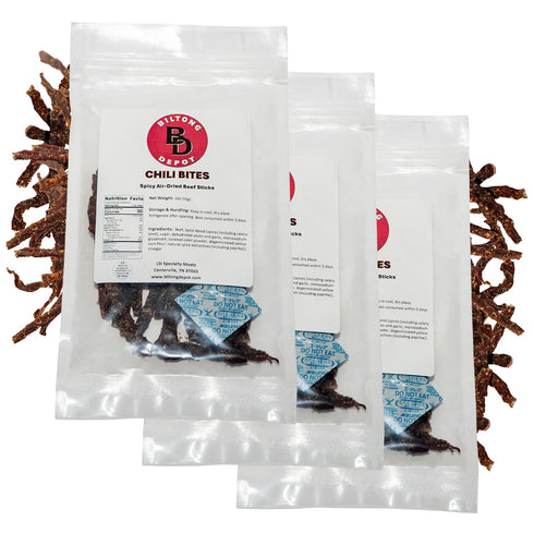 2oz (3 Pack) Biltong Depot Chili Bites - | Thin Sliced Air-Dried Beef Sticks | Spicy Beef Jerky Snack | High Protein |