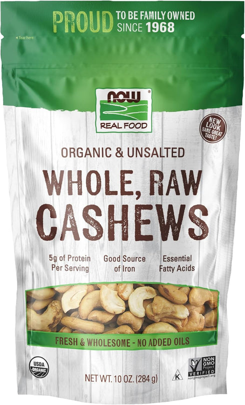 NOW Foods, Certified Organic Cashews, Whole, Raw and Unsalted, Rich Buttery Flavor,