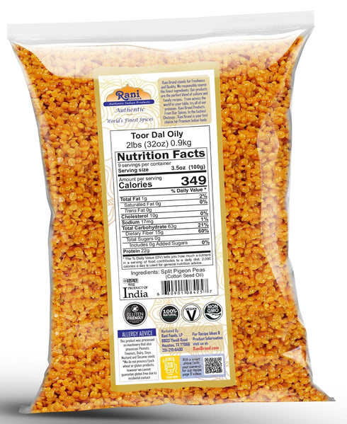 32oz (2lbs) 908g Rani Toor Dal (Split Pigeon Peas) Oily, ~ All Natural | Gluten Friendly | NON-GMO | Vegan | Indian