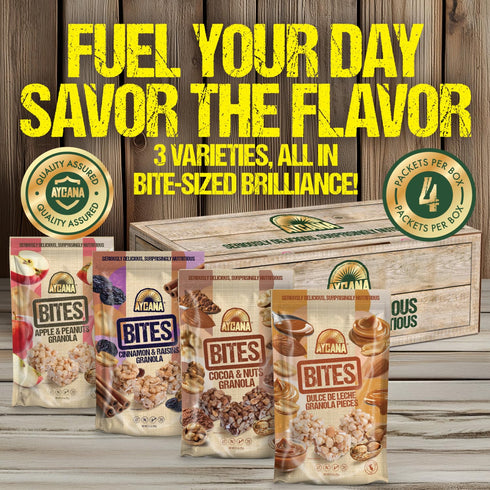 Pack, 4 Aycana Fuel & Flavor Selection Box Granola Bites Cocoa & Nuts, Dulce de Leche, Apple & Peanuts, Cinnamon