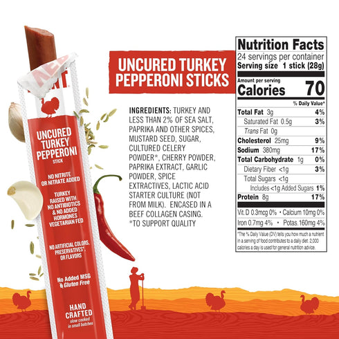 1oz 1 Count (Pack 1) Snack Sticks by Vermont Smoke & Cure Uncured Pepperoni Turkey Healthy Meat Protein Jerky Stick