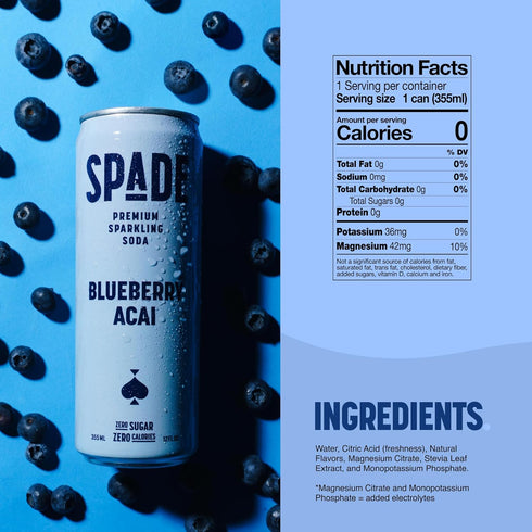 12 Pack, Spade Soda Blueberry Acai Premium All-Natural, No Sugar, No Calories, Electrolytes, Magnesium, Potassium