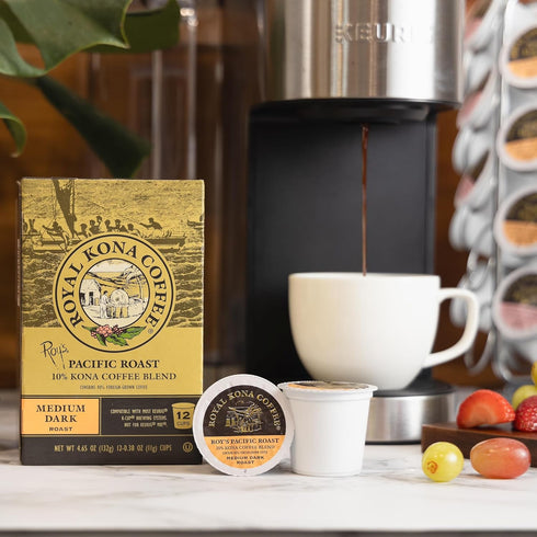 Royal Kona Roy's Pacific Coast, 10% Kona Coffee Blend, Medium-Dark Roast Single-Serve Pods, 12 Count Box