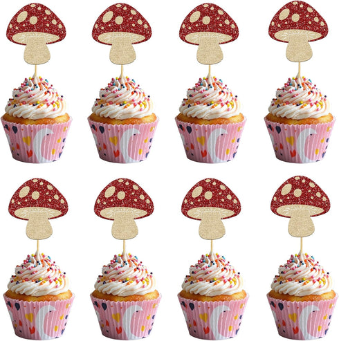 LcingTify 24 PCS Mushroom Cupcake Toppers Glitter Mushrooms Baby Shower Cupcake Picks Mushroom