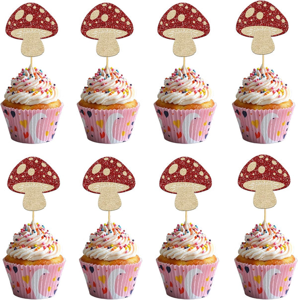 LcingTify 24 PCS Mushroom Cupcake Toppers Glitter Mushrooms Baby Shower Cupcake Picks Mushroom