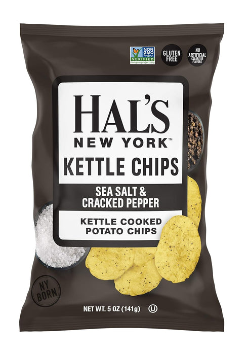 Hal's New York 5 Oz (Pack 6) Kettle Cooked Potato Chips, Sea Salt & Cracked Pepper