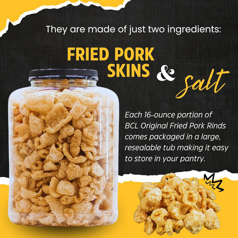 (1) 16oz Original Smoked Fried Pork Rinds Tub Premium Chicharrones Zero Carbs High Protein Crunchy Crackling Snacks