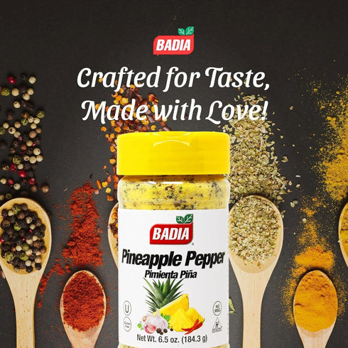 6.5 oz Badia Pineapple Pepper Seasoning, - Tropical Citrus Pepper Blend for Chicken, Seafood, Vegetables, Fruit
