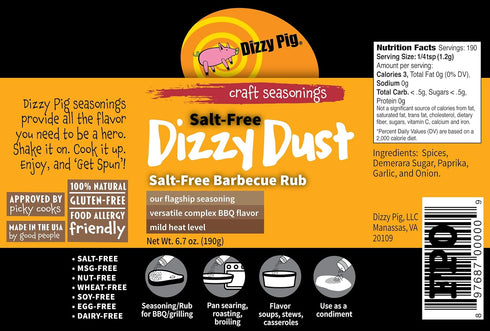 Dizzy Pig Salt Free Dizzy Dust - All Purpose Seasoning and BBQ Rub, 6.7oz