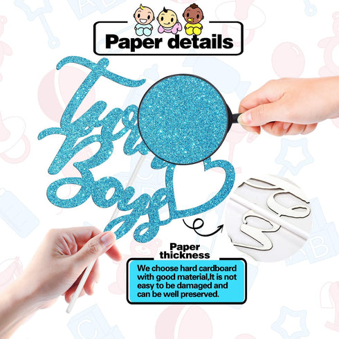 Baby Shower Cake Decor for Boy, Twin Boys Cake Topper, Blue Glitter, Oh Babies/Gender Reveal/Babies 1st Birthday Party