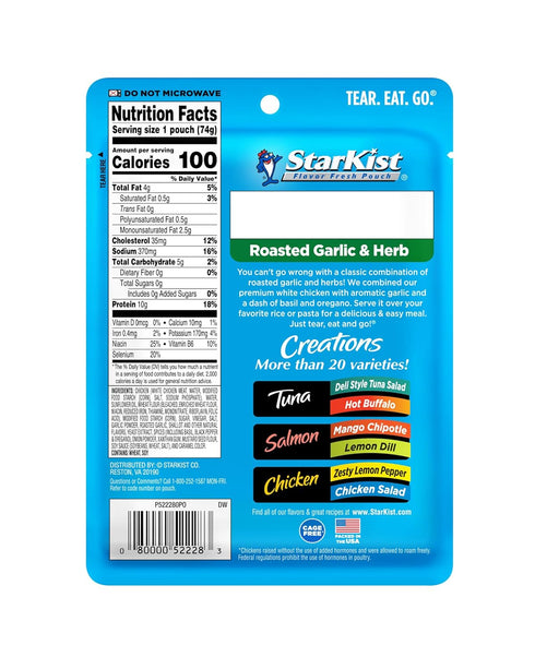 (2.6 oz 1 Pack) StarKist Chicken Creations Roasted Garlic & Herb Pouch - Fully Cooked High Protein White Meat, No
