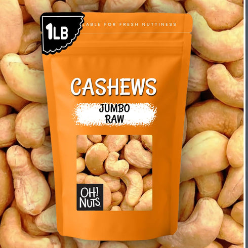 1 lb 100% Oh! Nuts Jumbo Raw Cashew - Whole Unsalted Cashews - Bulk Bag - Natural - Raw Cashews for Snacking & Baking