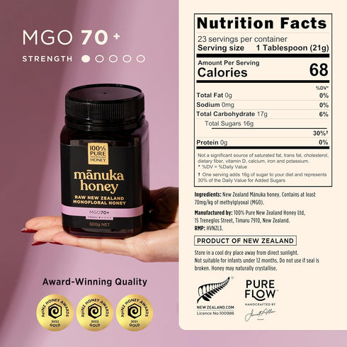 100% 70+ 100% 17.6 (500g) (Pack 1) Pure New Zealand Honey - MGO Monofloral Mnuka Honey, Pure New Zealand Raw Mnuka