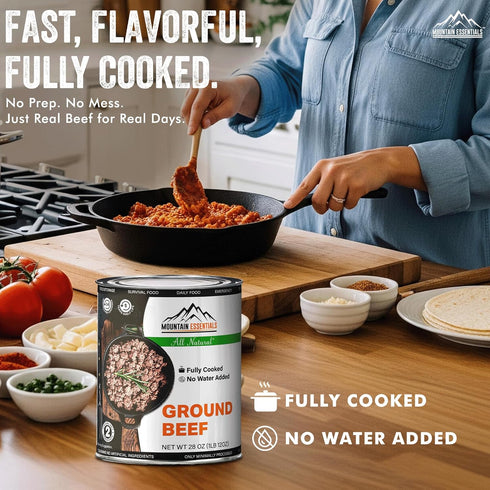 28 Oz 5-Year 1 Pack MOUNTAIN ESSENTIALS All Natural Canned Ground Beef Fully Cooked, Ready to Eat Hamburger Meat Pantry