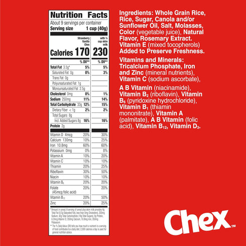12.4 oz Strawberry Vanilla Chex Cereal, Gluten Free Breakfast Cereal, Made with Whole Grain