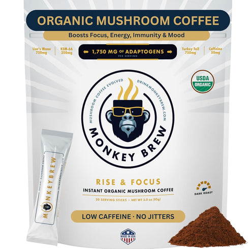 Monkey Brew Rise & Focus USDA Organic Mushroom Coffee | Boosts Focus,
