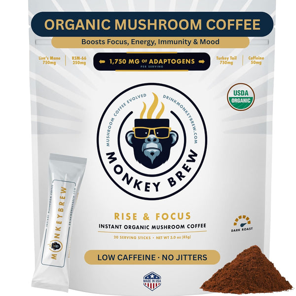 Monkey Brew Rise & Focus USDA Organic Mushroom Coffee | Boosts Focus,