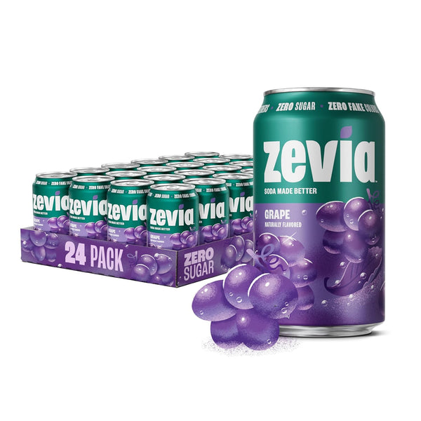 Zevia Zero Sugar Soda, Grape, 12 oz Cans (24-Pack) Naturally Sweetened, Zero