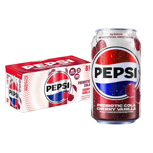Pepsi Prebiotic Cola, Cherry Vanilla, 12 fl oz Cans (8 Pack), 30