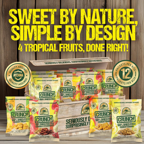 100% Pack, 12 Aycana Sweet & Simple Selection Box Dried Fruit Crunchy Banana, Pineapple, Mango, Strawberry Gluten-Free