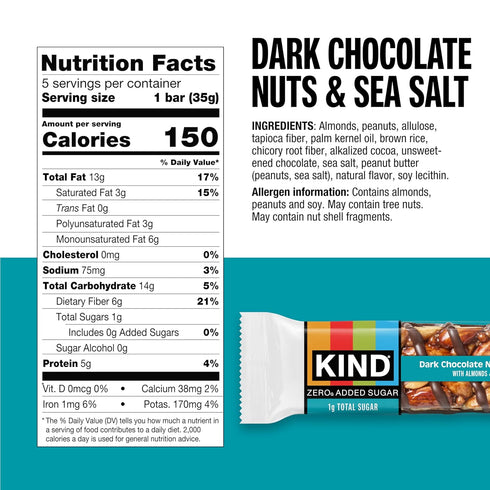 5g 5 Count Kind Zero Added Sugar Healthy Snacks Bars, Dark Chocolate Nuts & Sea Salt, Gluten Free, High Fiber, Keto