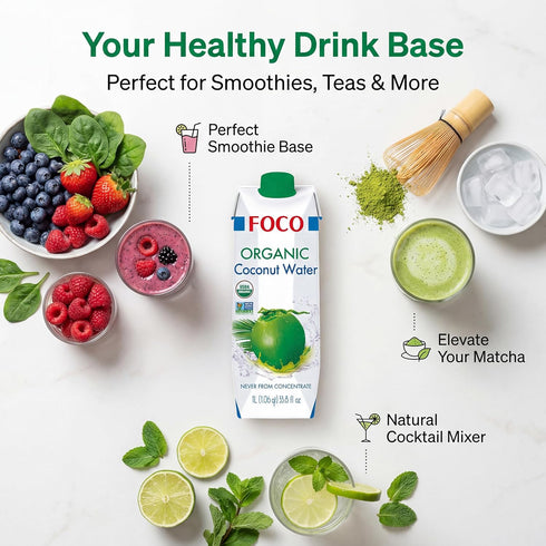 FOCO 33.8 Oz, Pack 6, Coconut Water Fl of Certified Organic, NON-GMO, Never from Concentrate, No Sugar