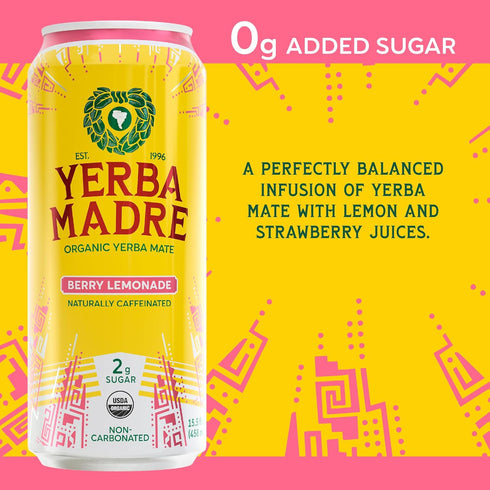150mg 15.5 Oz (Pack 12) Yerba Madre Organic Yerba Mate, Low Sugar Berry Lemonade, Natural Caffeine, Energy Drink