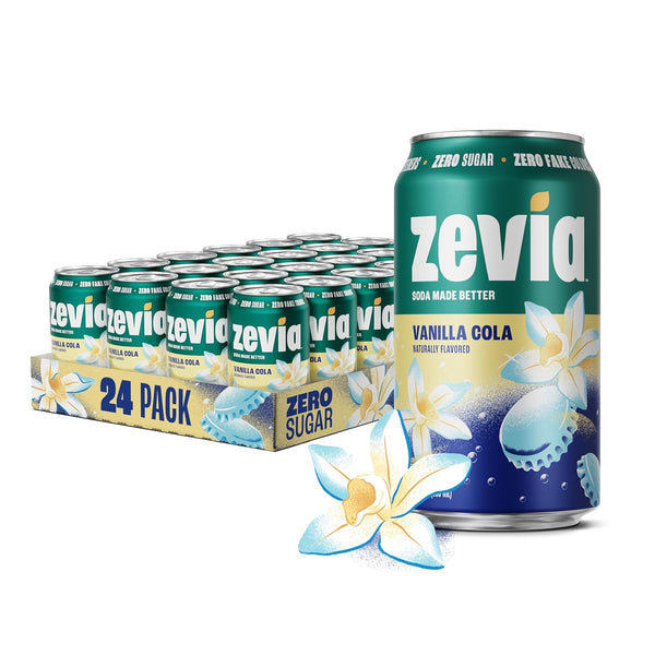 Zevia Zero Sugar Soda, Vanilla Cola, 12 oz Cans (24-Pack) Naturally Sweetened,
