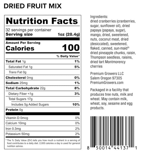 32oz Oregon Premium Growers Healthy Choice Dried Fruit Snacks, Natural Trail Mix with Cranberries, Mango, Coconut