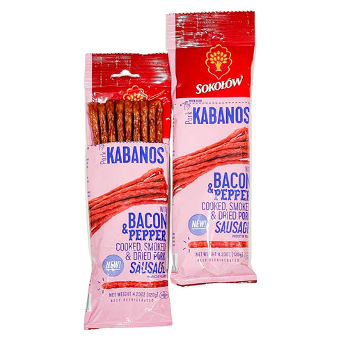 Dry Thin Kabanos, with Bacon and Pepper, Cooked, Smoked and Dried Pork