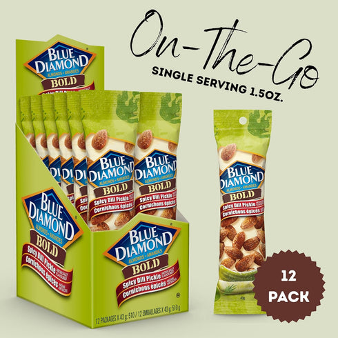 (1.5 Oz. Pack 12) Blue Diamond Almonds, Bold Spicy Dill Pickle Flavored Snack Nuts, Single Serve Bags Tubes