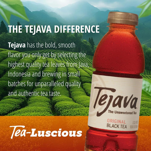12 Pack, 16.9oz Tejava Original Unsweetened Black Iced Tea, PET Bottles, Non-GMO, Kosher, No Sugar or Sweeteners, No