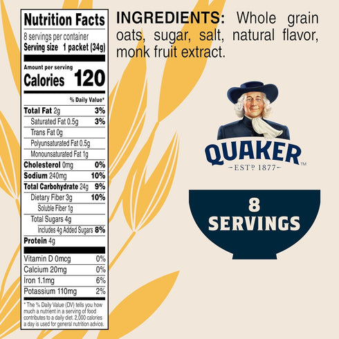 1.19oz Packets, 8 Count (Pack 1) Quaker Lower Sugar Instant Oatmeal, Maple Brown Sugar