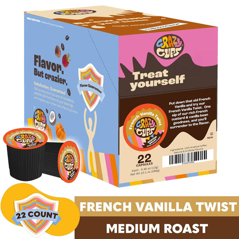 Crazy Cups Flavored Coffee Pods, French Vanilla Twist, 22 Count - Single Serve K Cups for Keurig Machines