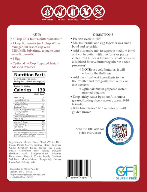 8-9 Mom's Place Gluten-Free Buttermilk Biscuit Mix | Dairy Free & Easy to Prepare | Nut Free, Soy Free, Non-GMO | Makes
