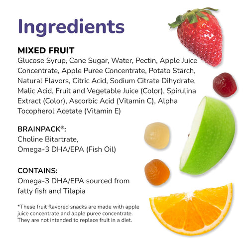 BrainPack Omega-3s 40 count Brainiac Fruit Snacks, Brain Boosting Patented Ingredients with DHA/EPA and Choline