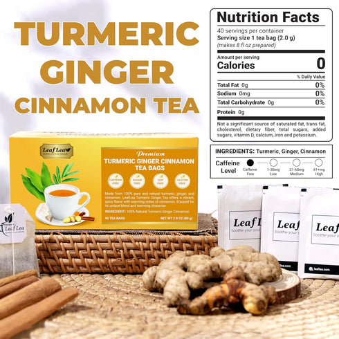 40 100% LeafLea Turmeric Ginger Cinnamon Tea Bags, Natural Ingredients Herbal Tea, Turmeric Ginger Herbal Blend