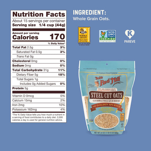 24oz (Pack 4) Bob's Red Mill Steel Cut Oats, of - Non GMO, Whole Grain, Vegan, Kosher