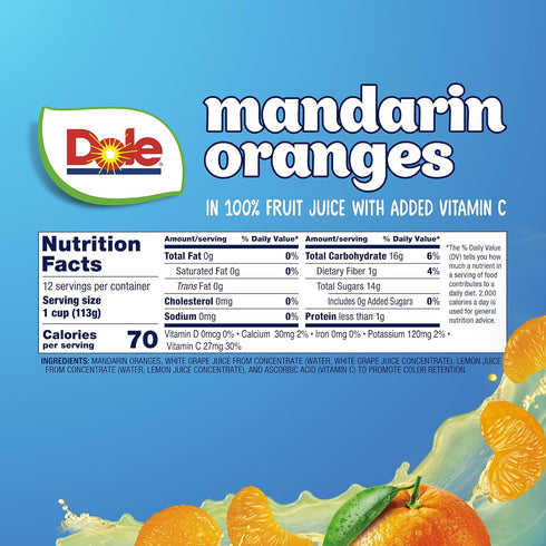 100% 4oz 12 Dole Fruit Bowls Mandarin Oranges in Juice Snacks, Total Cups, Gluten & Dairy Free, Bulk Lunch Snacks