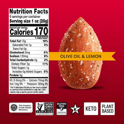 (6oz) Octonuts Olive Oil & Lemon Roasted Almonds Plant Based Protein Snack with Fiber Keto Friendly, Gluten-Free, Vegan