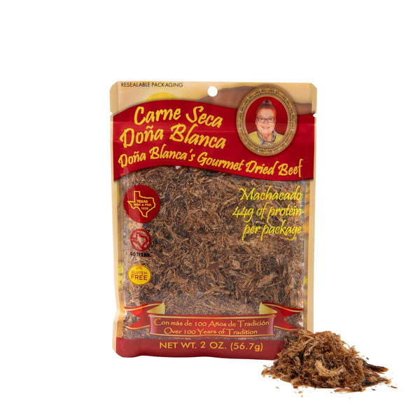 Carne Seca Doña Blanca 2 oz. - Machacado Shredded Beef Jerky - Kosher Sea Salt Low Sodium, Gluten Free