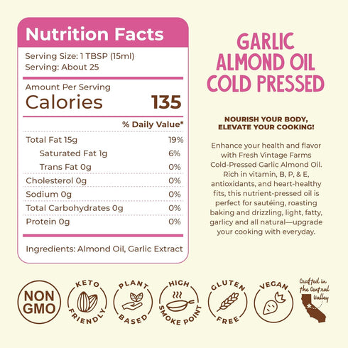 12.68 oz, Pack 2 Fresh Vintage Farms Garlic Infused Almond Oil | Cold Pressed Garlic California Almond Oil | Cold