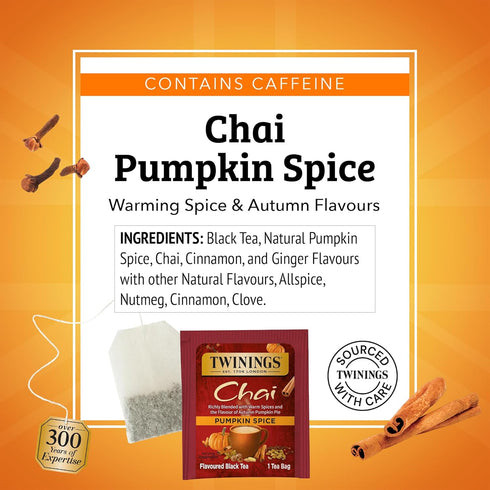 20 Count (Pack 1), 20 Twinings Pumpkin Spice Chai Black Tea Individually Wrapped Bags, of Warm, Spicy & Aromatic