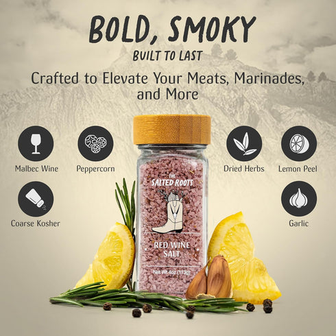 4oz The Salted Roots - Red Wine Salt - Bold & Smoky Seasoning - Infused with Red Wine, Peppercorn, Garlic & Lemon