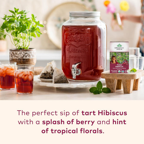 Organic India Tulsi Hibiscus Herbal Tea - Holy Basil, Stress Relieving, Immune Support, Vegan, USDA Organic, 18