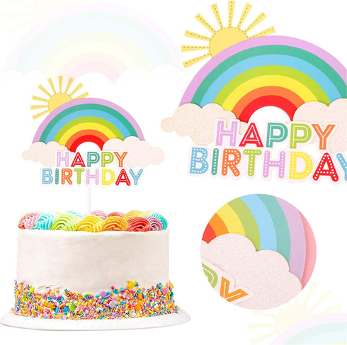 Glitter Happy Birthday Cake Toppers, Rainbow Cake Picks for Baby Shower Birthday Party Decoration Supplies
