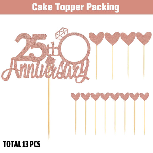 Sumerk 25th Anniversary Cake Topper, 13PCS Rose Gold Glitter Decorations Set for Wedding Celebration Party