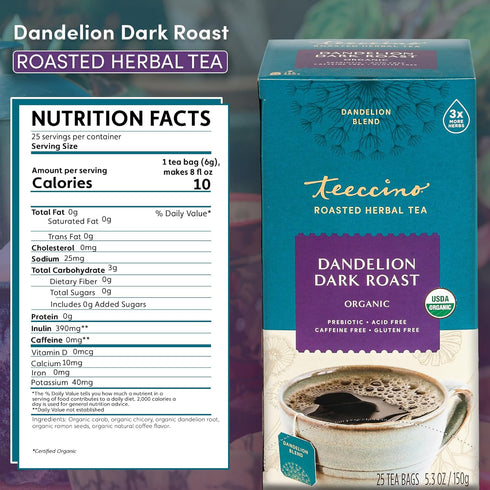 Teeccino Dandelion Herbal Tea, Dark Roast, 25 Tea Bags, Caffeine Free, Prebiotic