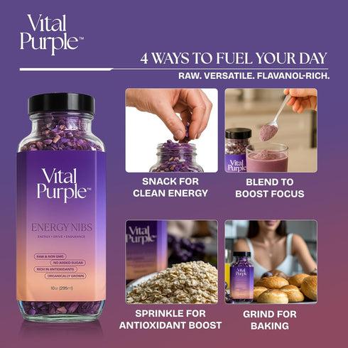 100% 900mg (10 oz) Vital Purple High Flavonal Raw Cocoa Energy Nibs Flavanols, Purple Cacao, Unroasted & Unfermented